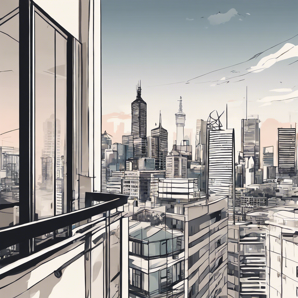 Illustrated view of a city skyline from a high-rise balcony