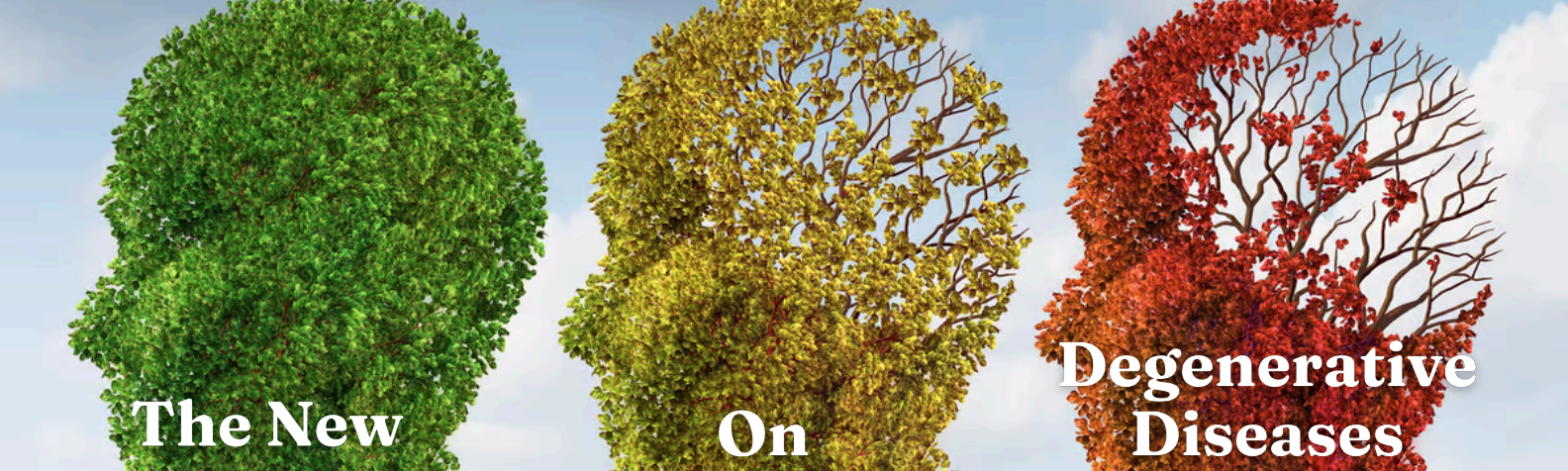 Three tree-shaped human head silhouettes in green, yellow, and red, illustrating neurodegeneration