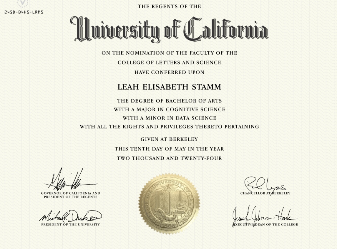 UC Berkeley diploma conferring a Bachelor of Arts in Cognitive Science with a minor in Data Science to Leah Elisabeth Stamm
