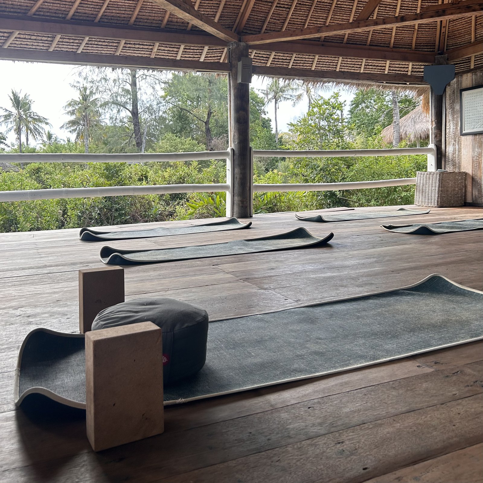 Open-air yoga shala with mats laid out, overlooking greenery on Gili Meno
